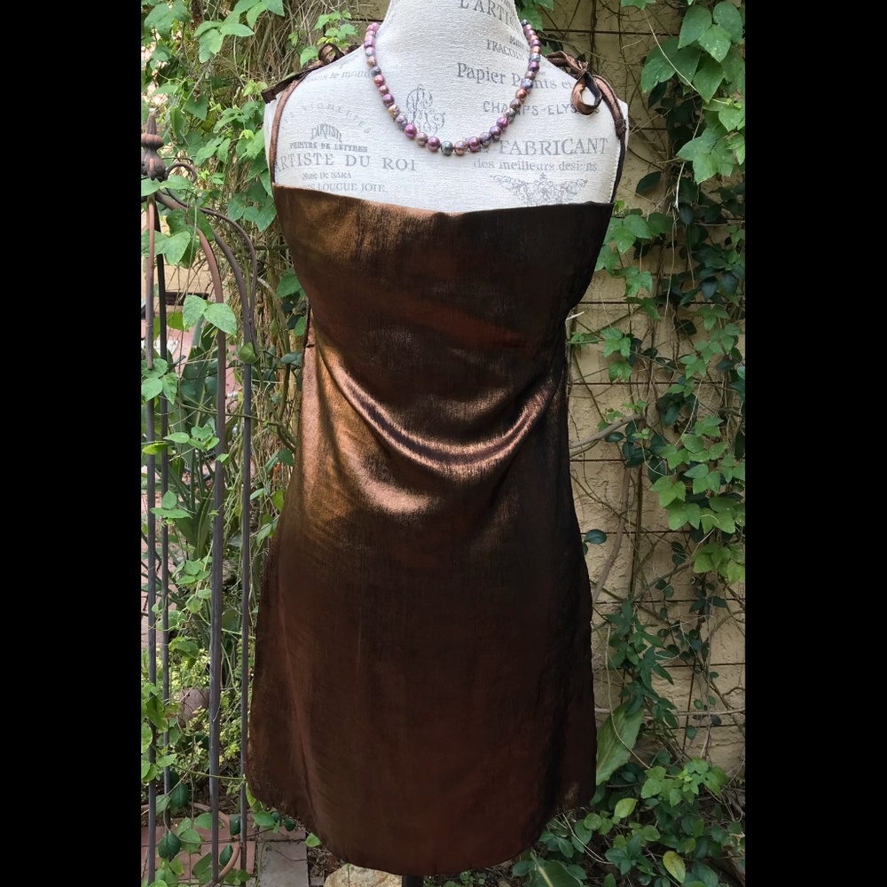 Nasty Gal Bronze Metallic Lamé Tie Strap Cowl Neck Mini Dress USA Size 8